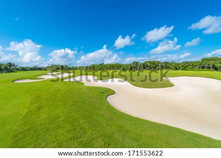 Sand Bunkers On The Beautiful Golf Course Of The Luxury Mexican Resort. Bahia Principe, Riviera Maya.