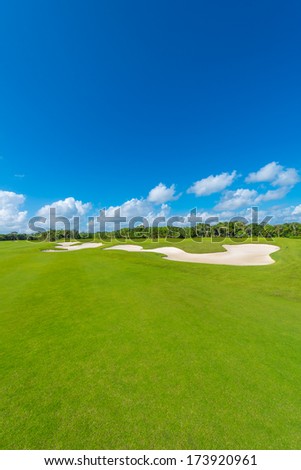 Sand bunker at the golf course. Luxury mexican resort. Bahia Principe, Riviera Maya.