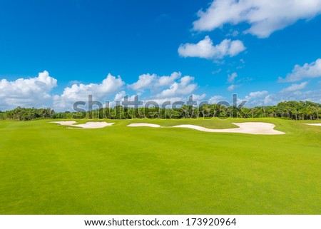 Sand bunker at the golf course. Luxury mexican resort. Bahia Principe, Riviera Maya.