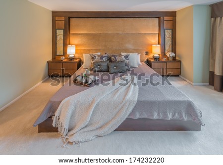 Modern comfortable, cozy, nicely decorated master bedroom. Interior design.