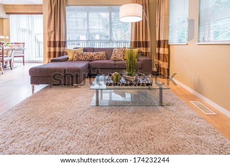 Living Room With Sofa, Couch And Coffee Table With Some Decorations On It. Interior Design.