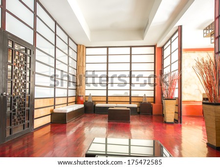 Oriental  style  japanese room, lobby, entrance, hall of luxury five stars caribbean resort restaurant. Bahia Principe, Riviera Maya. Interior design.