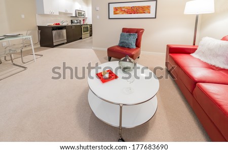 Luxury living suite of brand new house. Nicely decorated modern family, living room with red color couch, chair and coffee table and a kitchen site at the back. Interior design.