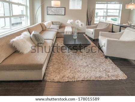 Luxury nicely decorated modern living room, suite with sofa and chairs. Interior design of a brand new house.