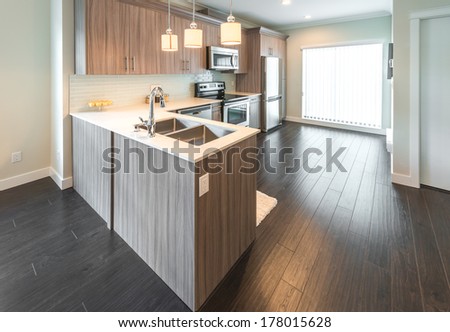 Outlook at the luxury nicely decorated modern kitchen. Interior design of a brand new house.