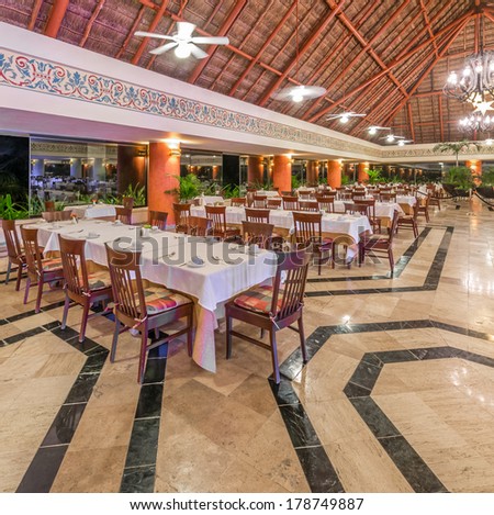 Restaurant interior of the luxury five stars caribbean resort. Bahia Principe, Riviera Maya. Mexico.