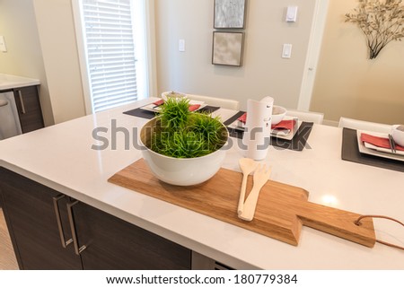 Fragment of the luxury kitchen: nicely decorated table. Interior design.