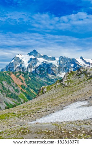 Gorgeous view, outlook at the Mount Baker lands and wilderness and rocky grounds. North America.