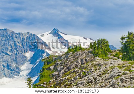 Gorgeous view, outlook, panorama at the Mount Baker lands and wilderness and rocky grounds. North America.