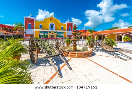 Mexican, caribbean hacienda, ranch plaza. Decorative traditional design. Theatrical stage.