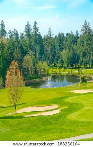 Panorama, outlook at the beautiful golf course in a sunny day with dark blue sky and clouds. Canada, Vancouver. Vertical.