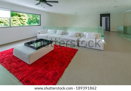 Modern luxury living room, site. Red rug and white couches, chairs. Interior design.