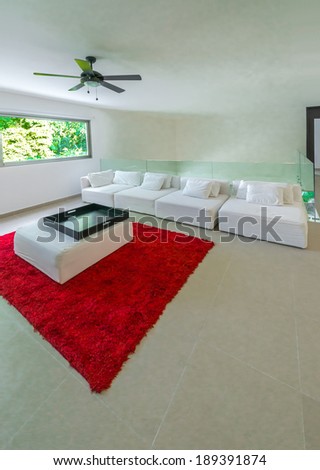 Modern luxury living room, site. Red rug and white couches, chairs. Interior design. Vertical.