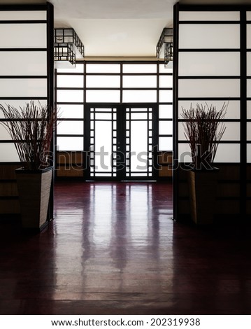 Oriental  style asian,   japanese room, lobby, entrance, hall of luxury resort restaurant. Interior design.