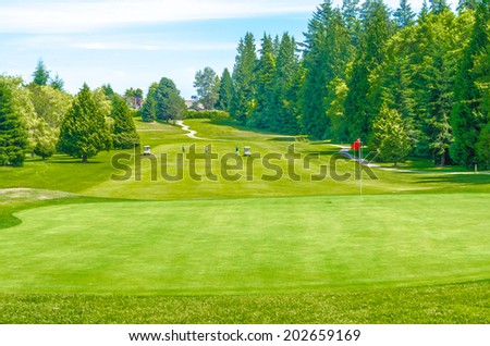 Panorama, outlook at the beautiful golf course in a sunny day. Canada, Vancouver.