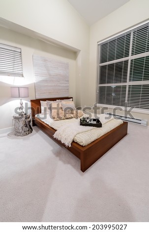 Modern comfortable, cozy and elegant luxury master bedroom. Interior design. Vertical.