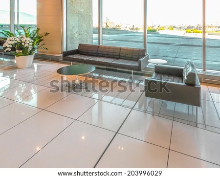 Lounge area. Modern lobby of the five stars luxury hotel, business center in Vancouver, Canada. Interior design.