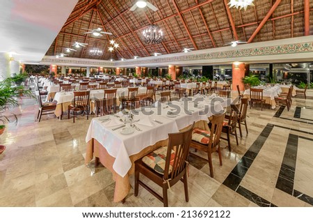 Restaurant interior of the luxury five stars caribbean resort. Bahia Principe, Riviera Maya. Mexico.