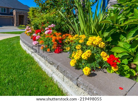 Nicely decorated colorful flowerbed and trimmed front yard lawn in front of the house. Landscape design.
