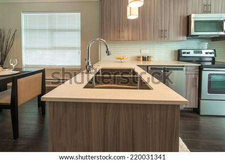 Luxury nicely decorated modern kitchen, sink. Interior design of a brand new house.