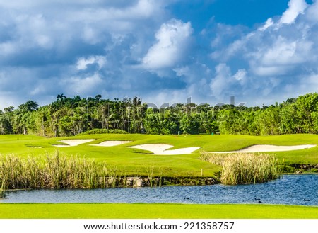 Sand bunkers on the beautiful golf course of the luxury Mexican resort.
