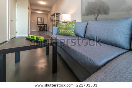 Modern living room with the couch and the candles on the coffee table. Interior design.