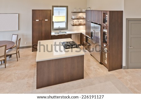 View from above at the Luxury modern kitchen with the dining room. Interior design.