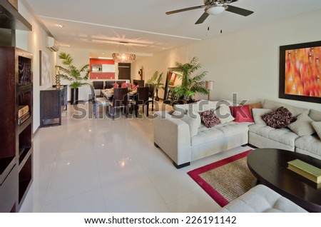 Luxury modern living suite with sofa and pillows and nicely decorated dining table and the kitchen at the back.  Interior design of a brand new house.