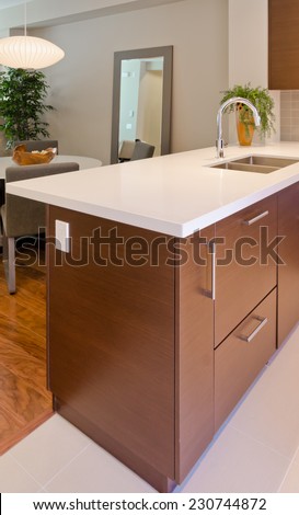 Kitchen counter of a luxury modern kitchen. Interior design of a brand new house. Vertical.