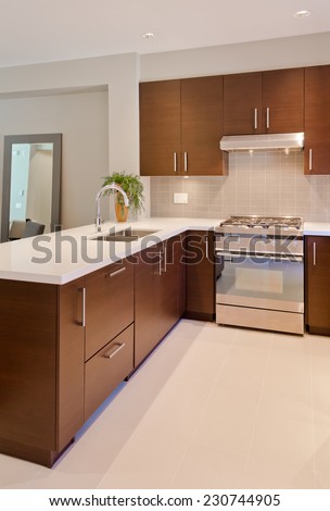 Luxury modern kitchen. Interior design of a brand new house. Vertical.