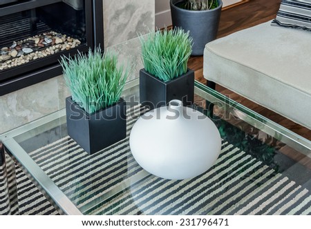 Decorative vase and two modern shape pots with plants, grass on the coffee table as an element of interior design decoration.