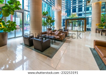 Modern lobby, hallway, plaza of the luxury hotel, shopping mall, business center in Vancouver, Canada. Interior design.