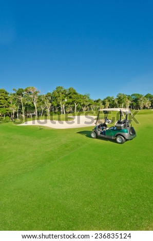 Golf cart at the bunker  on the beautiful  golf course of a luxury Mexican resort. Vertical.