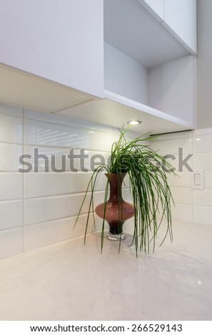 The vase with green floral decoration on the kitchen counter. Interior design. Vertical.