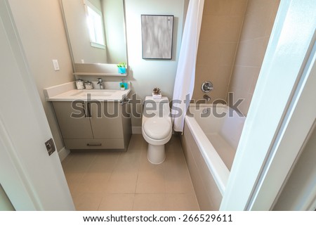 Nicely decorated modern washroom, bathroom with the toilet sit, sink and bath tab. Interior design.