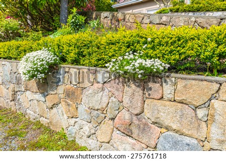 Flowers, bushes and stones in front of the house, front yard. Landscape design.