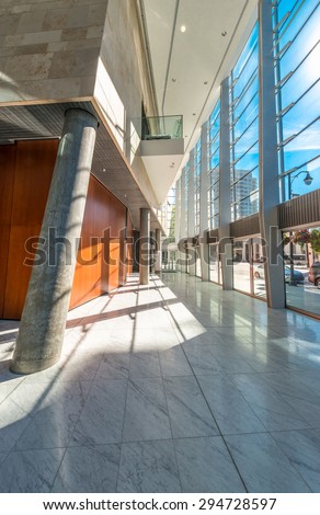 Modern lobby, hallway, plaza of the luxury center, hotel, shopping mall, business centre in Vancouver, Canada. Interior design.