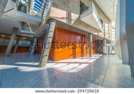 Modern lobby, hallway, plaza of the luxury center, hotel, shopping mall, business centre in Vancouver, Canada. Interior design.