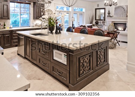 Interior design of a luxury stylish modern kitchen, counter with the living room at the back.