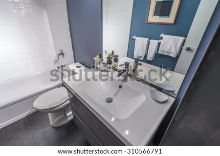 Nicely decorated modern washroom, bathroom, with the toilet sit and sink.  Interior design