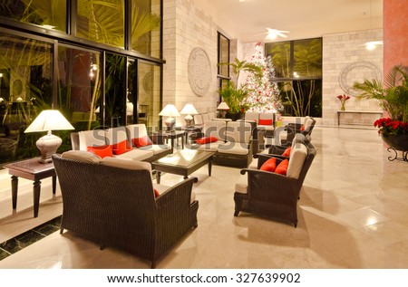 Lounge area of a hotel, club, company lobby. Fragment of the modern lobby of the five stars hotel in Mexico. Interior design.