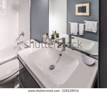 Nicely decorated modern washroom, bathroom, with the toilet sit and sink.  Interior design