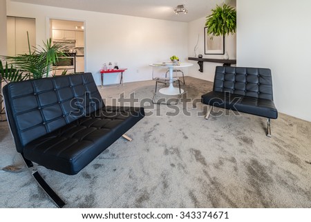 Interior design of luxury nicely decorated modern living room, suite with some leather chairs. Interior design.
