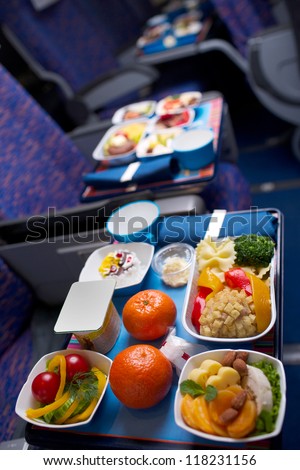 Tray of food on the plane, business class travel