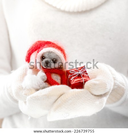 Female hands holding a cute teddy bear. Woman hands in white mittens showing a teddy bear gift dresses in  knitted hat and scarf. Cute Christmas present. Winter holidays concept.