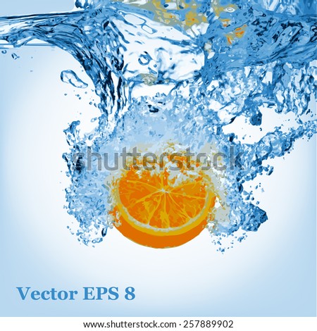 Orange splash in water, vector eps 8