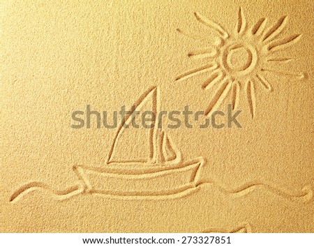The boat yacht drawn on sand background and the picture of the sun is painted in the top corner