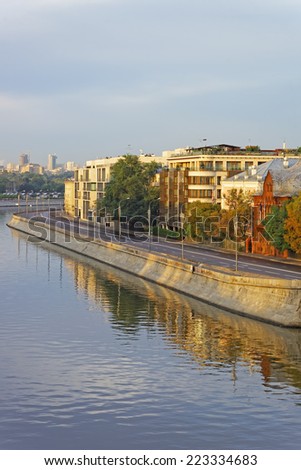 View to the golden mile quay in Moscow city center in the morning
