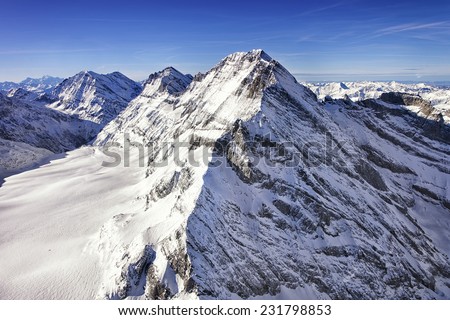 Jungfrau peak helicopter view with snow flow