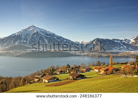 Swiss Alps mountains and lake view near Thun lake in winter
